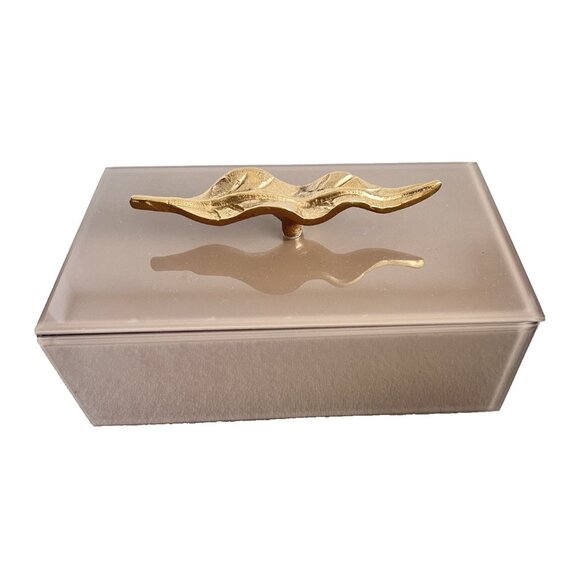 Taupe Lucite Accessories Box Gold Feather Handle 9.25"L x 5.25 x 4"H ELEGANT - Picture 1 of 9